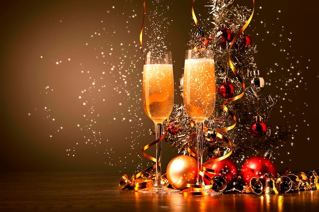 Two glasses of sparkling wine with Christmas decoration