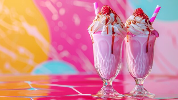 Photo two glasses of strawberry ice cream are sitting on a pink table