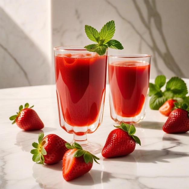 Photo two glasses of strawberry juice sit on a table with a strawberries and a strawberries in the foregro