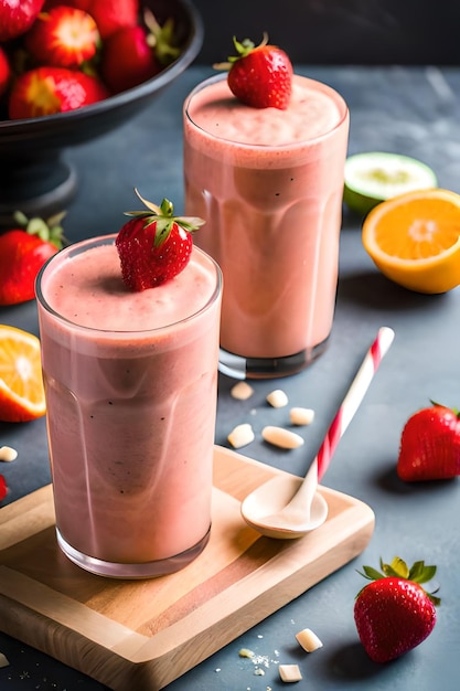 Two glasses of strawberry smoothies with a red straw and a white straw.