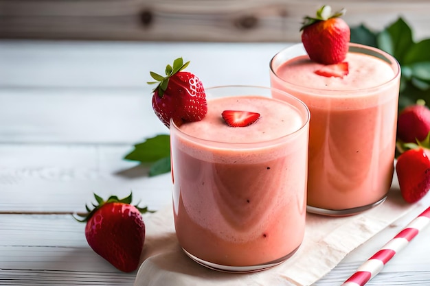 Two glasses of strawberry smoothies with a strawberry on top