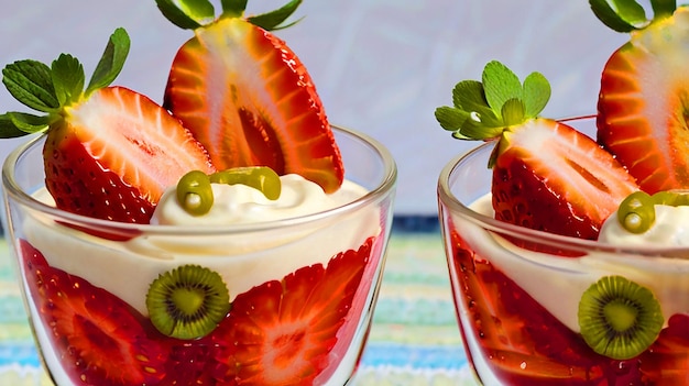 two glasses of strawberry yogurt with a strawberry and mint leaf