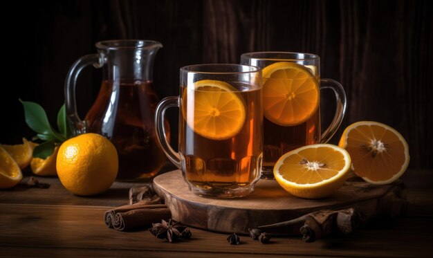 a two glasses of tea with orange slices and spices