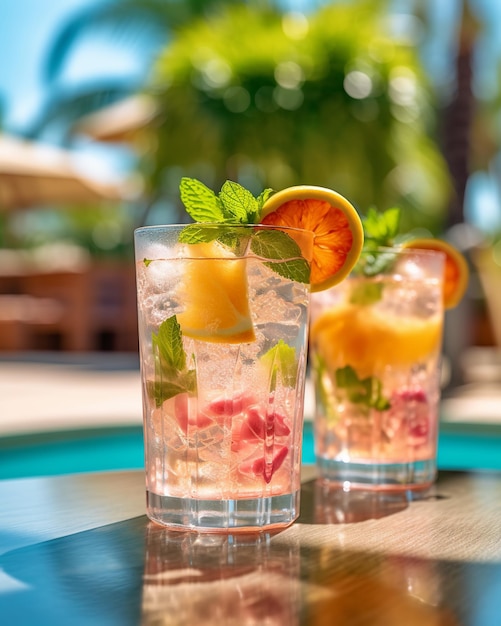 Two glasses of water with a mint and orange garnish on the side.