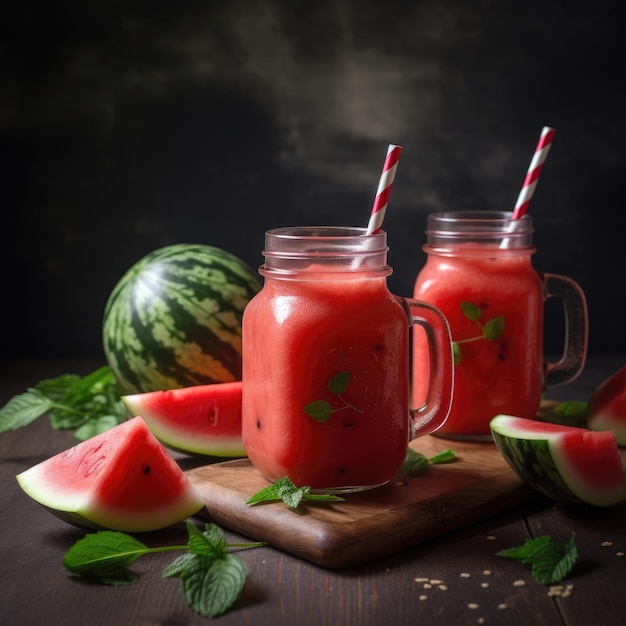 Two glasses of watermelon juice with straws and a green and white striped straw.