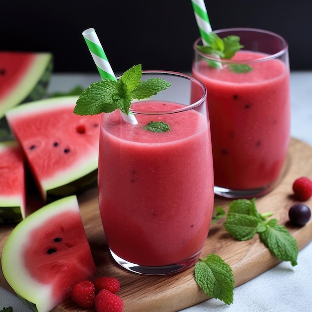 Two glasses of watermelon smoothies with a green and white striped straw.