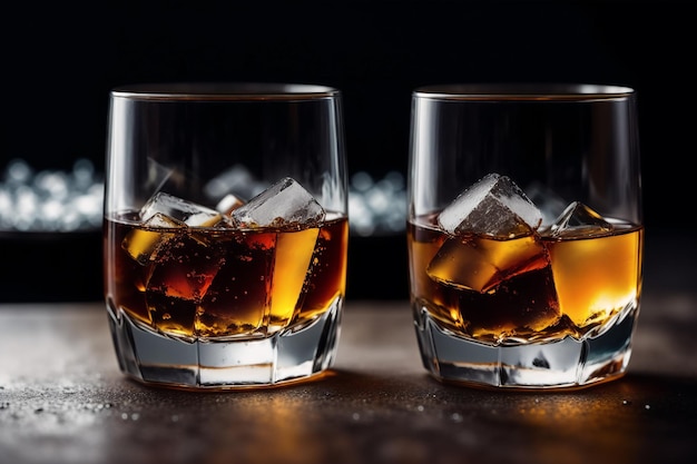 Two glasses of whiskey on a bar counter with ice cubes.