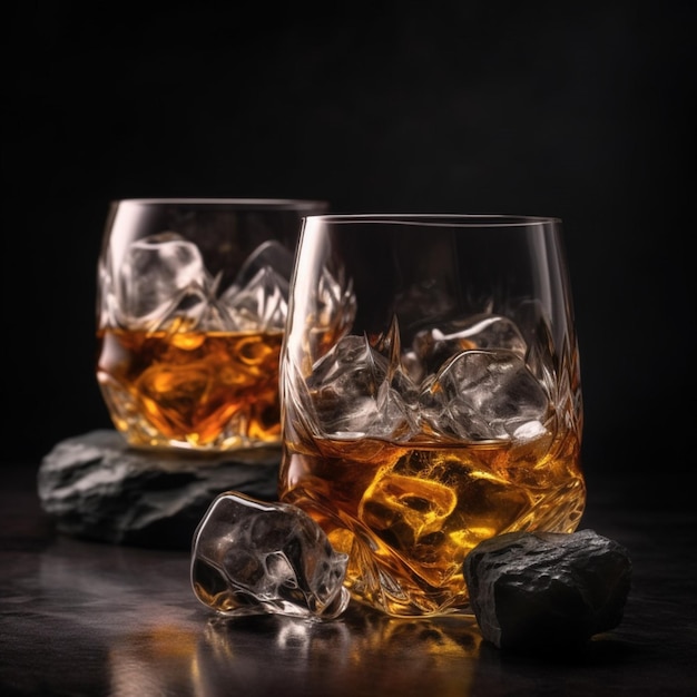 Two glasses of whiskey sit on a table with ice cubes.