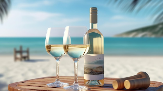 Two glasses on the white sand with beautiful beach background Generative AI