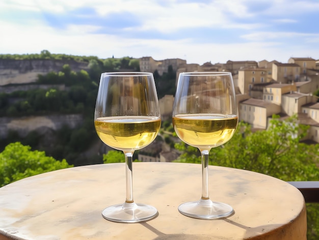 Two glasses of white wine on a terrace overlooking the city