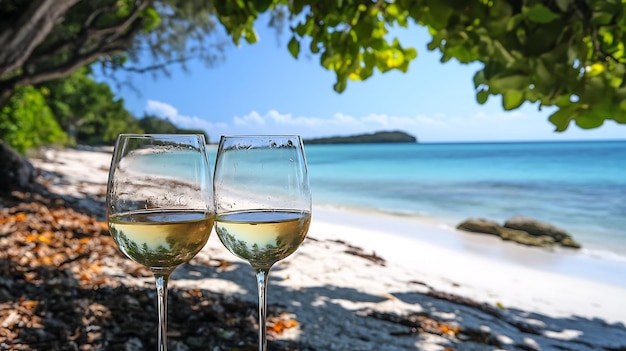 Two Glasses of White Wine on a Tropical Beach