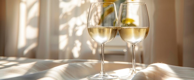 Two Glasses of White Wine on a White Tablecloth with Sunbeams