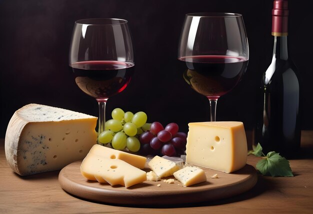 two glasses of wine and cheese with a bottle of wine next to them