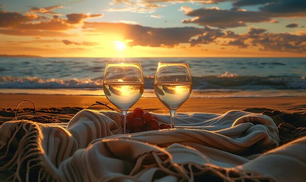 Photo two glasses of wine sit on a blanket with the sunset in the background