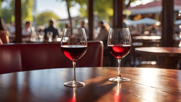 two glasses of wine sit on a table with a man in the background