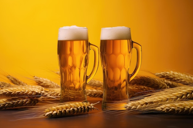 Two glasses with barley on a yellow background