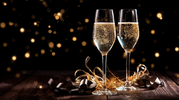 two glasses with champagne and new year's lights new year concept Generative AI