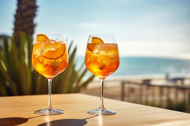 Two glasses with a cocktail and an orange with ice on the table