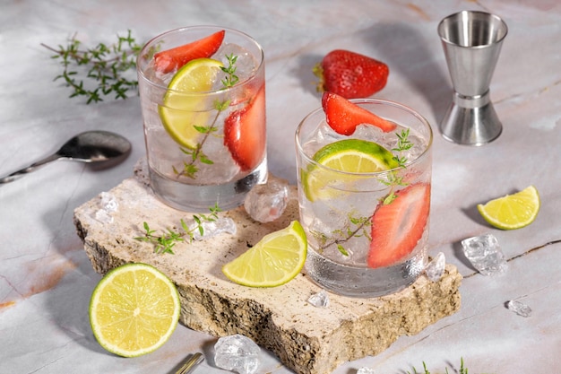 Two glasses with fresh strawberry soda drink ice lime thyme on travertine podium on pink marble