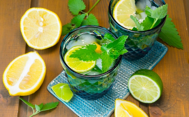 Two glasses with refreshing lemonade on the table