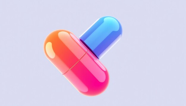 Photo two glossy pills in pink blue and orange on a light blue background