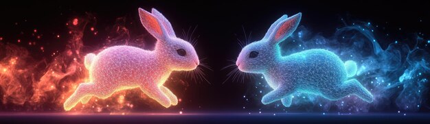 Photo two glowing rabbits racing in opposite directions with a trail of sparkle behind them