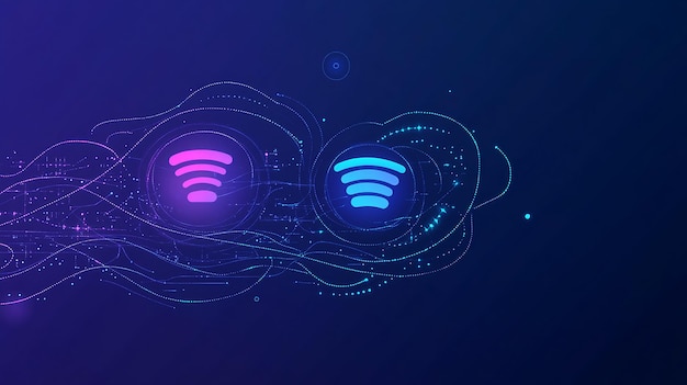 Photo two glowing wifi symbols on a blue background with abstract lines and dots