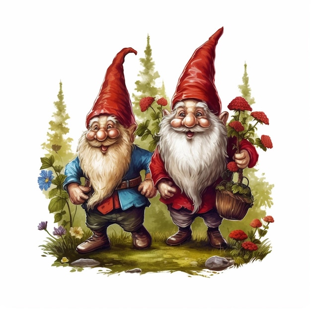 Two gnomes with a basket of flowers