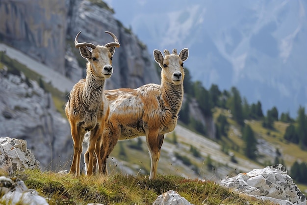 Photo two goats are standing on a mountain with a mountain in the background