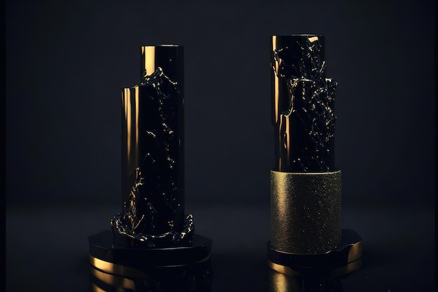 Two gold and black tubes with a black background and one that says'gold'on it