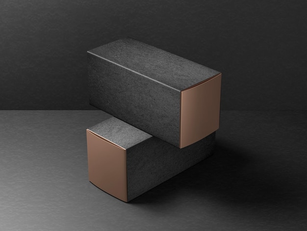 Two Gold Gift Boxes Mockup with black covers, 3d rendering