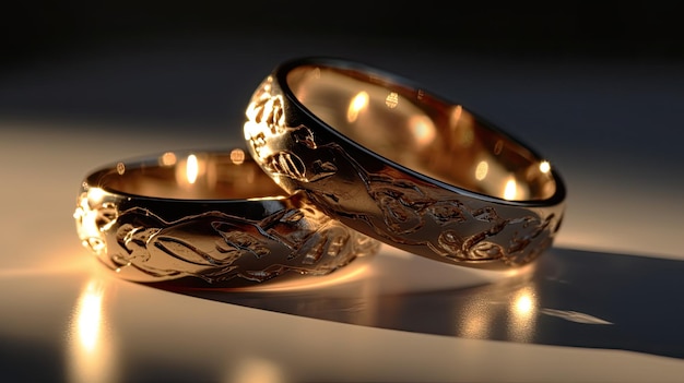 Two gold rings on a table, one of which says'the wedding ring '