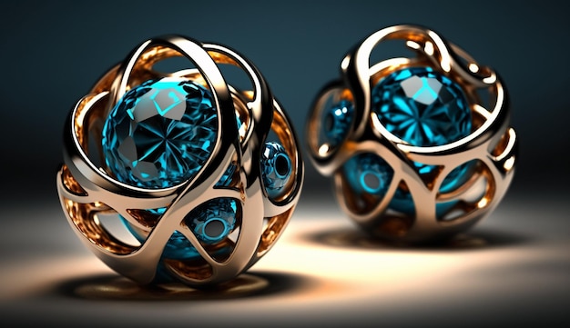 Two gold rings with blue diamonds on them, one of which is blue.