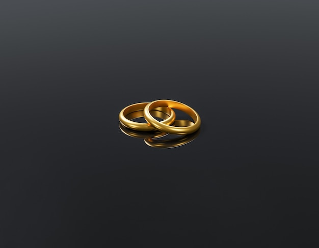 Two gold wedding rings lie on a reflective black surface 3D rendering