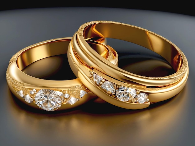 two gold wedding rings with a black background