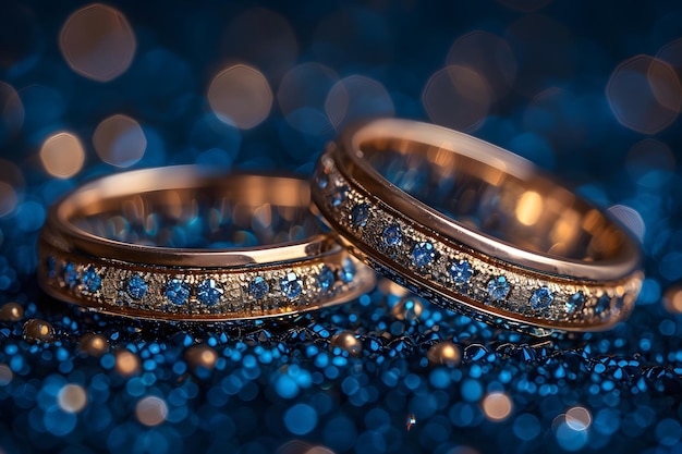 Two Gold Wedding Rings With Blue Diamonds