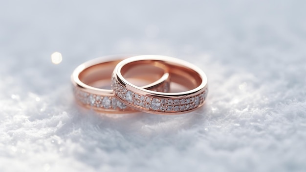 two gold wedding rings with diamonds on them one of which has diamonds on it