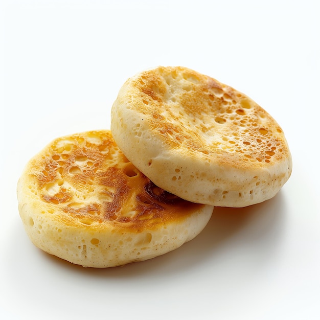 Two golden brown crumpets isolated on a white background