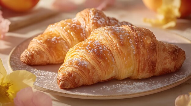 Two Golden Croissants with Powdered Sugar on a Plate