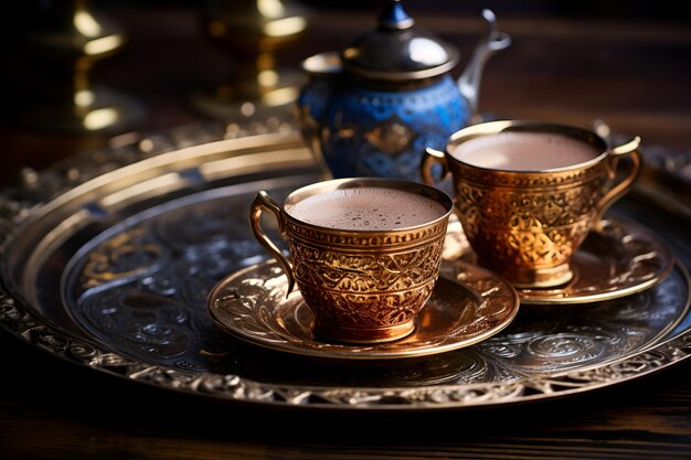 Two golden cups of Turkish coffee on an ornate silver tray with a blue teapot in the background