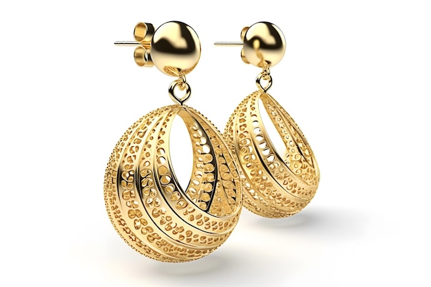 Two golden luxury earrings isolated on white background for jewelry store close up