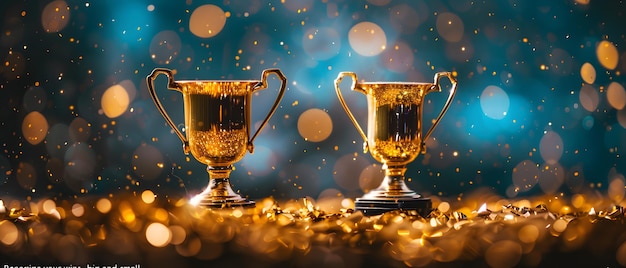 Two golden trophies on a gold surface with a bokeh background