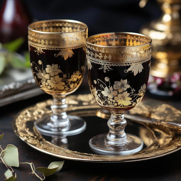 Two golden wine glasses on a black plate in eastern motifs