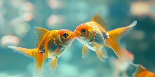 Two goldfish sharing a tender moment among other fish in an aquarium Concept Aquarium Fish Goldfish Underwater Scene Fish Love Aquatic Life