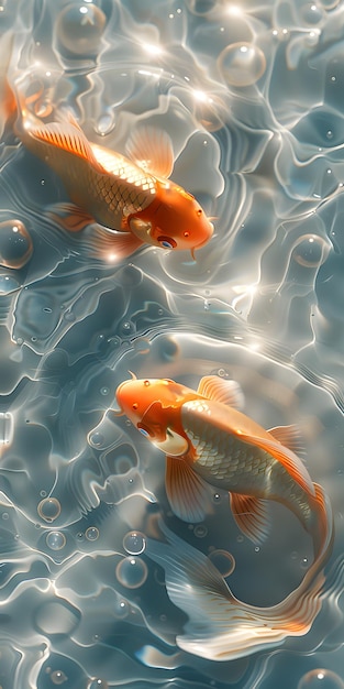 Two goldfish swim in liquid with their fins and tails moving gracefully