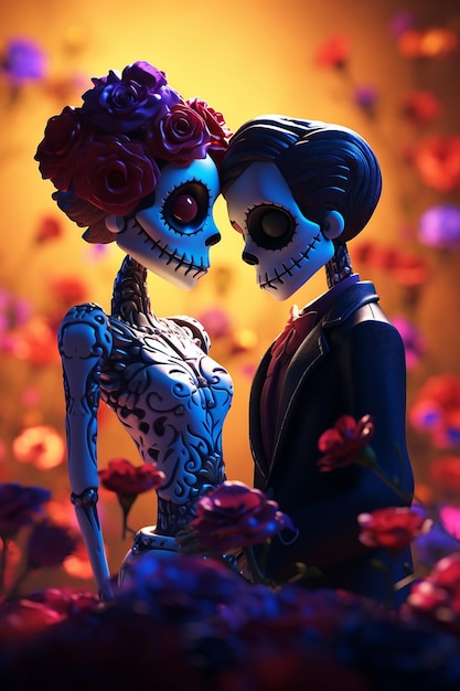 Two gorgeous dia de los muertos skull lovers hugged