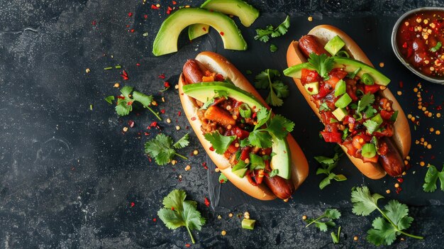 Two gourmet hot dogs topped with avocado and salsa on dark background