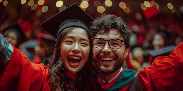 Two graduates in caps and gowns celebrating academic success at graduation ceremony Concept Academic Achievements Graduation Ceremony Caps and Gowns Celebrating Success Two Graduates