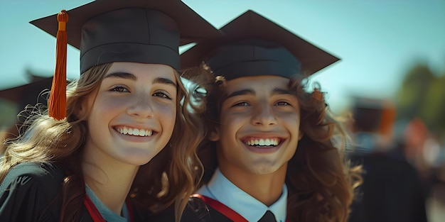 Two graduates celebrating at graduation ceremony Concept Graduation Ceremony Celebrating Success Two Graduates Student Achievements Academic Milestones