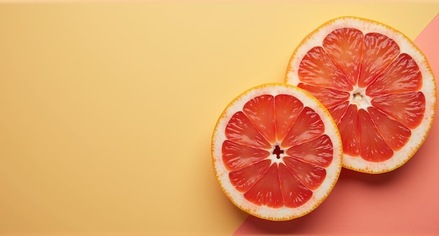 two grapefruits are cut in half on a yellow background